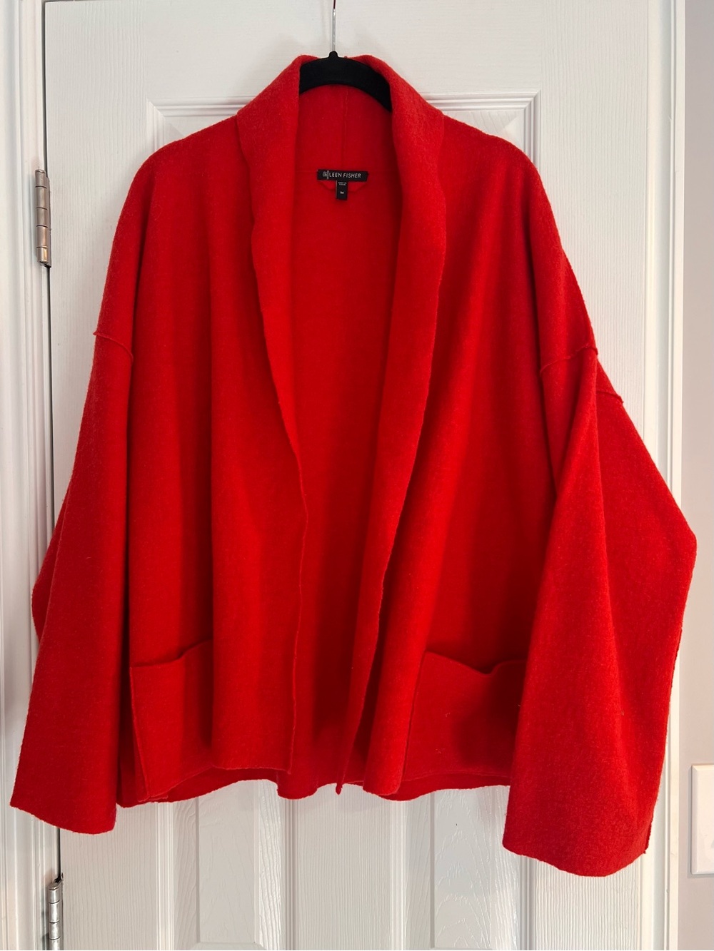 Eileen Fisher Merino Wool Lagenlook Patch Pocket Red Open-Front Boxy Cardigan M